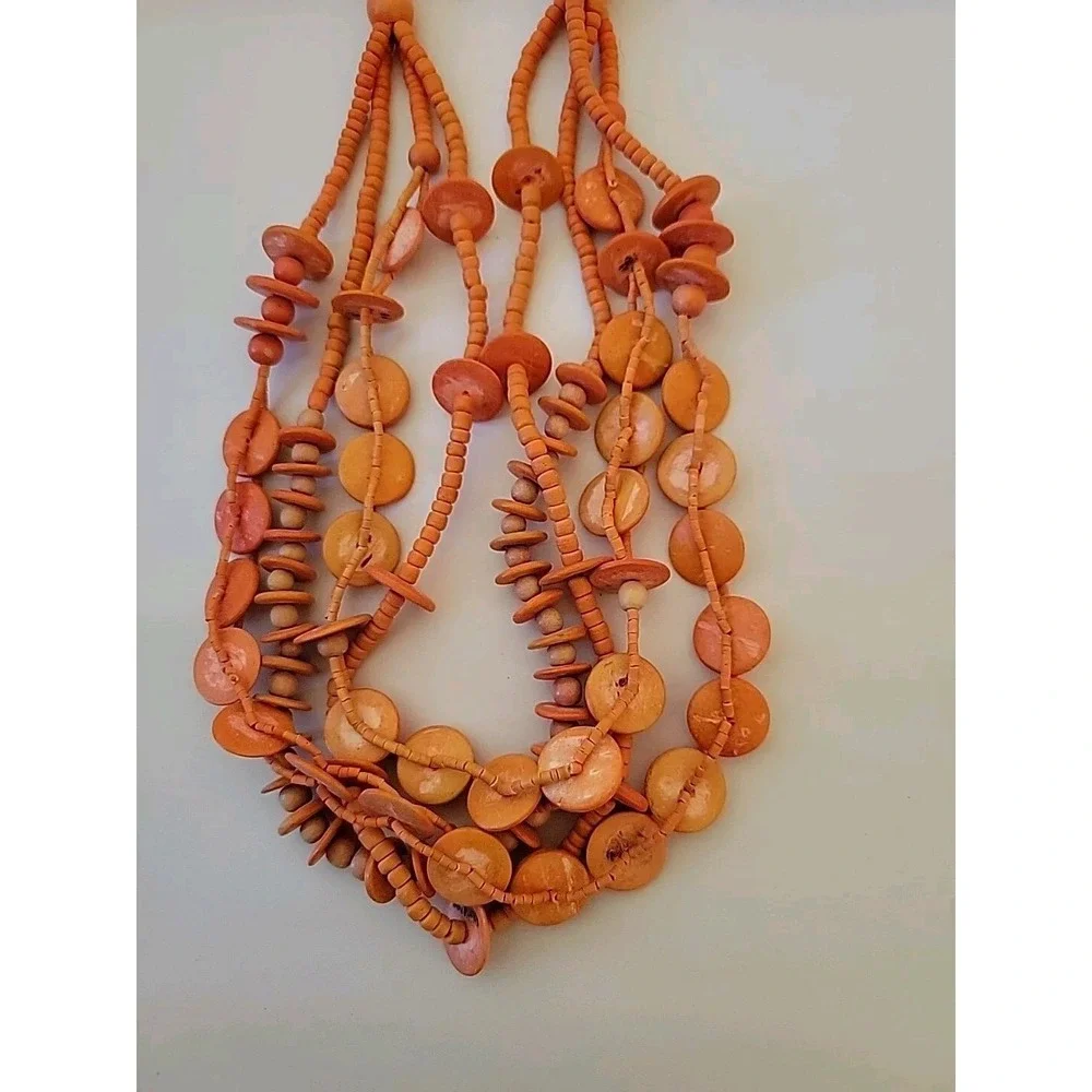 Necklace Dyed Wood‎ Beads Discs Multistrand Tiered Orange Boho Retro